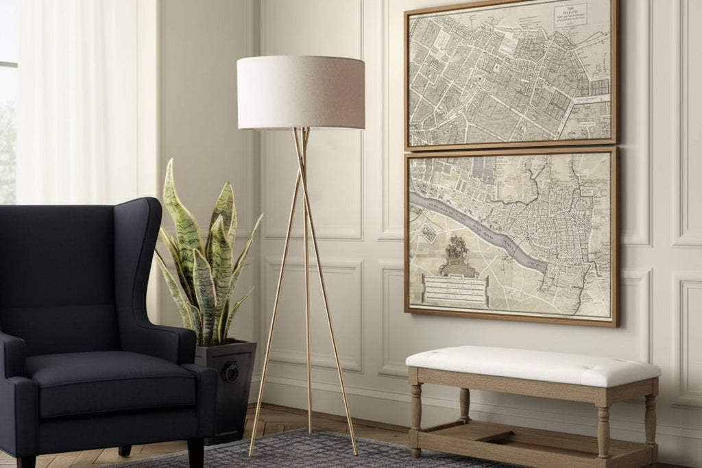 Fabric and iron floor lamp, gold color with off-white shade -