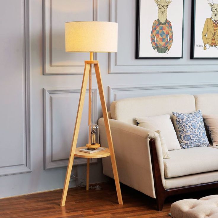 Musky Wood and Plastic Backed Fabric Floor Lamp  Beige